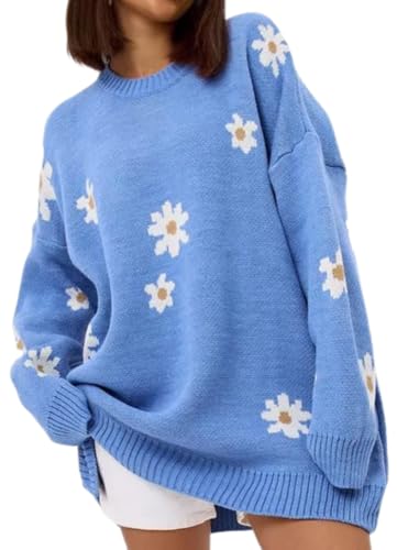 Daisy Knit Sweater for Women Flower Prints Long Sleeve Round Neck Lightweight Loose Pullover Sweater Tops