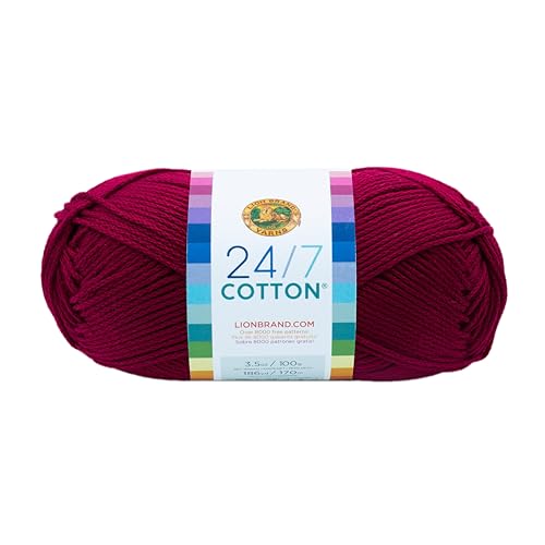Image of Lion Brand Yarn, 24 /7 Cotton Yarn, Magenta, Burgundy Red, 1 Pack | Light Worsted 100% Mercerized Cotton Yarn for Crochet, Knitting, Craft, 185 Yards of Natural Fiber for Tees, Bags, Dishcloths