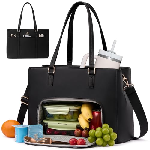 Image of LOVEVOOK Lunch Bag for Women, Leather Work Laptop Tote Bag with Insulated Lunch Compartment&Cup Holder, 15.6 Inch 2 in 1 Lunch Tote for Business, Teacher, Nurse, Office, College, Casual