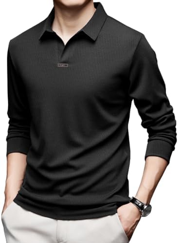 （22:30時点） [Liaziong] ポロシャツ メンズ 長袖 tシャツ 大きいサイズ ゆったり 柔らかい肌触り スムース 快適 上品トップス メンズ ファッションシンプル 襟付き ポロシャツ ビジネス 春夏秋 -black-3XL