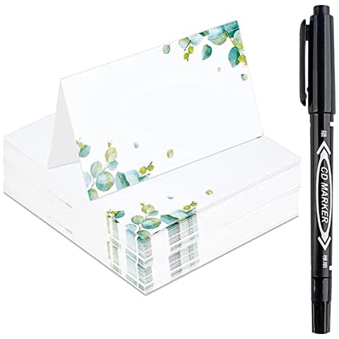 100pcs Wedding Place Cards with Pen BOZILY Eucalyptus Table Cards for Weddings Greenery Table Seating Cards Paper Tented Wedding Name Cards for Table Setting Birthday Dinner Christmas Party Cover