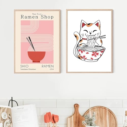 Toile nouilles ramen chat affiche aquarelle pour mur vide de cuisine