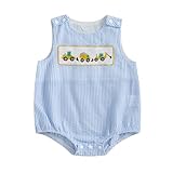 Mobbdow Newborn Baby Boy Construction Clothes Excavator Embroidery Sleeveless Seersucker Bubble Romper Bodysuit Summer Outfit (Blue, 6-12 Months)