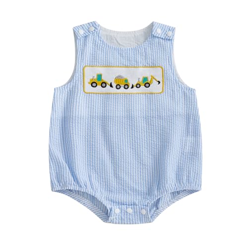 Mobbdow Newborn Baby Boy Construction Clothes Excavator Embroidery Sleeveless Seersucker Bubble Romper Bodysuit Summer Outfit (Blue, 12-18 Months)