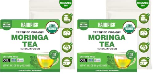 Image of HANDPICK, Organic Moringa Tea Bags (100 Count), Pure Moringa Leaves | Authentic Indian Origin | Caffeine Free, Non GMO | Round Eco-conscious Teabags (Pack of 2)