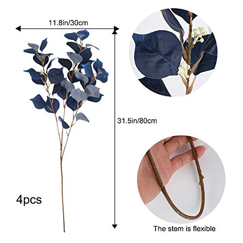Ailanda 4Pcs Artificial Greenery Stems 31.5" Long Eucalyptus Leaf Spray Faux Flowers Silver Dollar Branches Blue Silk Fake Plants For Home Wedding Floral Arrangement Easter Day Table Centerpieces #TOP1