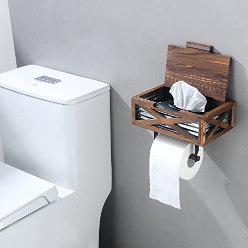 SONLOYO Wooden Rustic Toilet Paper Holder with Shelf and Storage, Adhesive or Screw Wall Mount Flushable Wipes Dispenser, Farmhouse Bathroom Decor and Accessories - Image 2