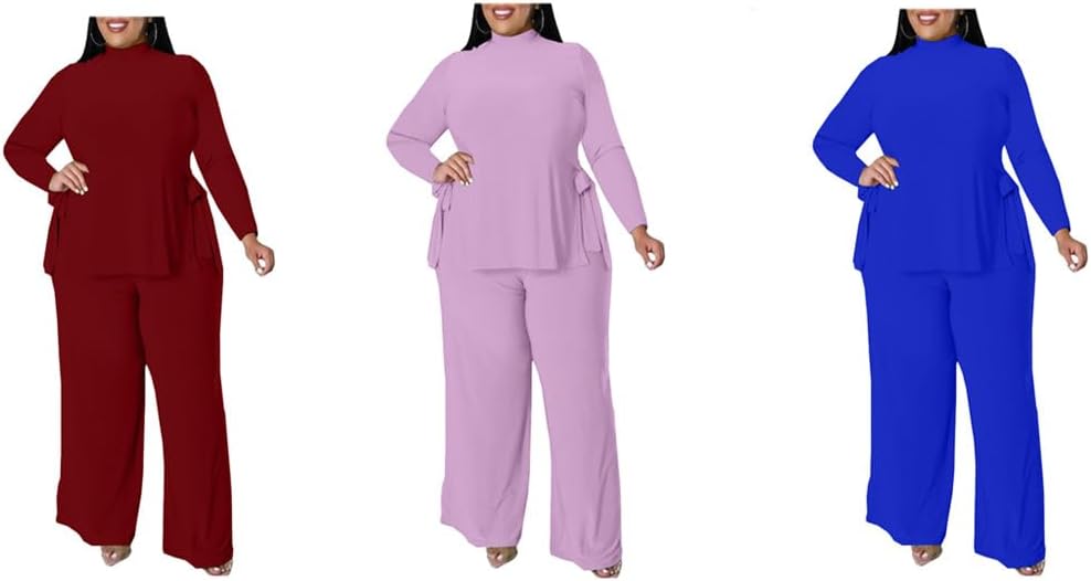 Wide Leg Plus Size 2 Piece Outfits for Women Sweatsuit Sexy Long Sleeve Split Shirt Pant Set Casual Tracksuits - Image 3