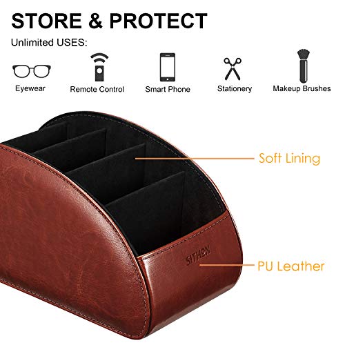 Image of SITHON Remote Control Holder with 5 Compartments - [Upgrade Version] PU Leather Remote Caddy Desktop Organizer Store TV, DVD, Blu-Ray, Media Player, Smart Phones, Heater Controllers (Brown)