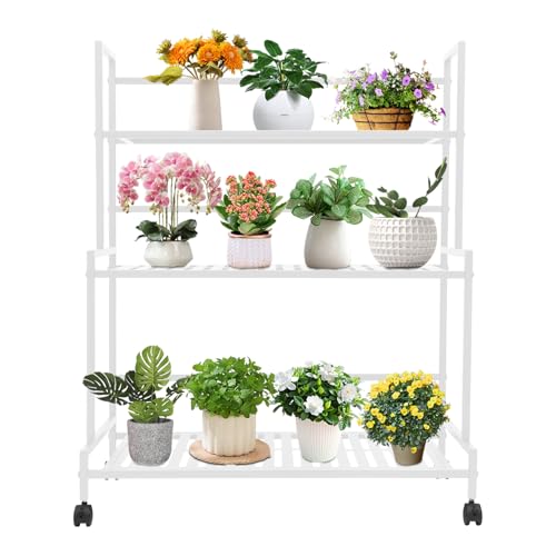 Escalier à fleurs à 3 niveaux en fer 80 x 40 x 100 cm - Support pour plantes pour intérieur et extérieur - Étagère multifonction avec grande capacité - Support de pot avec 4 roulettes - Pour magasin