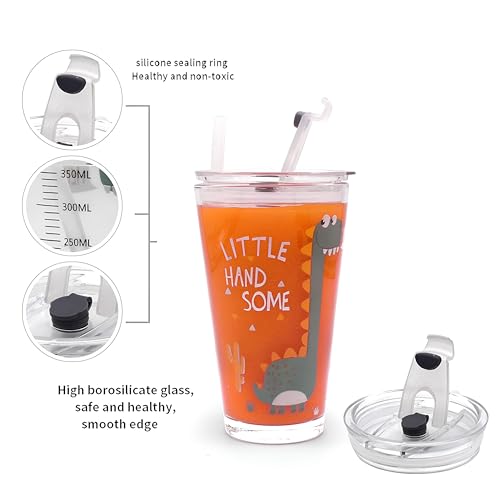 Image of Glass Coffe Mug with Lid and Straw, Glass Reusable Sipper Bottle with Leather Sleeve Glasss Coffee Mug with Silicone Straw and Leakproof Lid Tumbler for Coffee (Cartoon Mug)