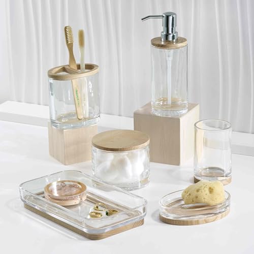 Izod - Toothbrush Holder, Glass Countertop Accessories, Modern Home Decor with Natural Wood Detail, Dorm Room Essentials (Cove Collection, Clear) by IZOD - Image 4