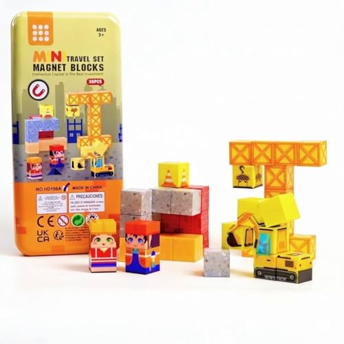 Image of HAPPY HUES Mini Magnetic Blocks Travel Set (38 Pcs) - Pixelated Construction Site Cube Magnets with Storage Tin, STEM Building Toy Figures, Screen-Free Road Trip Travel Toy for Kids Ages 3+