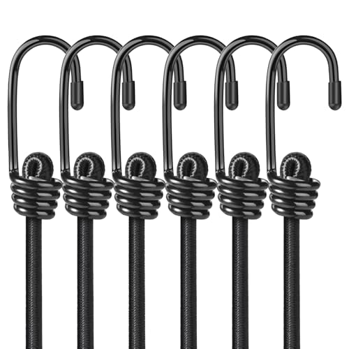 Kshineni 60cm Bungee Cords with Hooks, 6 Pcs Heavy Duty Outdoor Elastic Bungee Straps, 24 inch Multi-Purpose Rope for Luggage, Camping, Tarps, Bike Rack, Kayaking（Black）