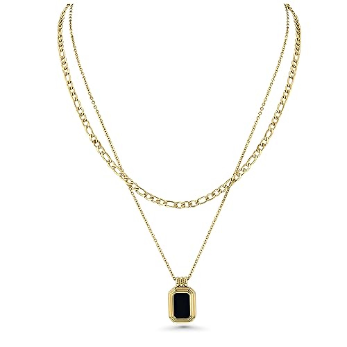 Gold Necklace, Layered Gold Necklaces for Women, 18k Gold Plated Black Onyx Pendant, Chain Necklace, Queen & Love Themed, Women's Fashion Jewelry
