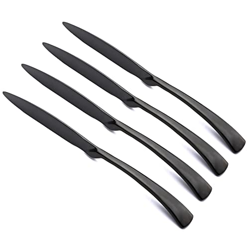 snplowum 4 Piece Mirror Black Dinner Knfie, Serrated Edge Heavy Duty 304 Stainless Steel Steak knife Kitchen Table Cutlery, Good Enough For Everyday Use, 9.96 inch