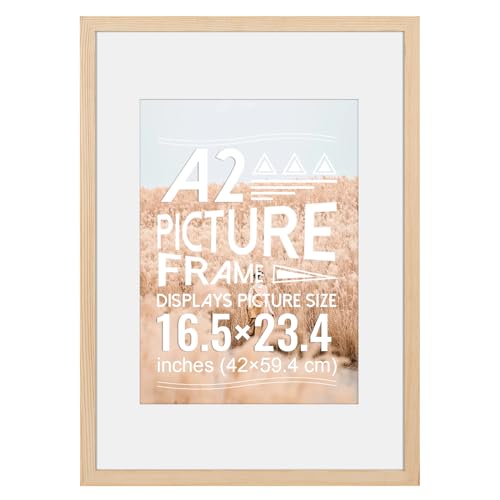 HOMESEVEN A2 Poster Frame, A2 Picture Frame (16.5 x 23.4 inches), Solid Wood Natural Wood Poster Frame-Horizontal and Vertical Wall Hanging for Home, Exhibition, Caffe(Natural)