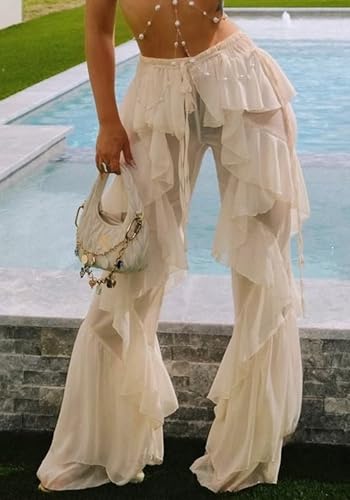 Seltaon Women Sexy Ruffle Sheer Mesh Pants Swimsuit Bikini Bottom Cover up Pants Trousers Club Y2k Concert Outfits3