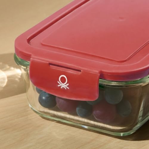 Image of United Colors of Benetton 840 ML Borosilicate Glass Food Storage Container with Airtight Red Lid - Leakproof, Microwave, Oven, Freezer & Dishwasher Safe - Durable & Reusable Lunch /Dinner Box