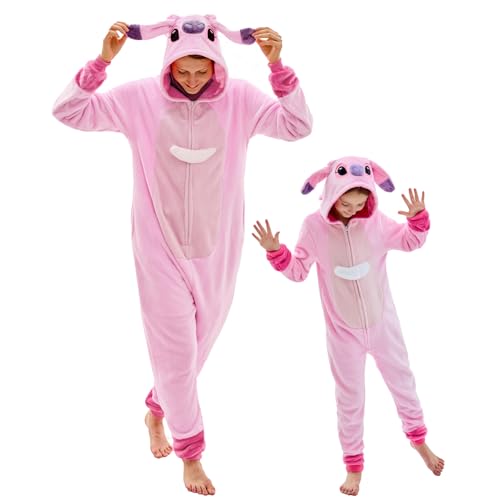 GONAAP Unisex Adult Pink Onesie Pajamas Animal One Piece Halloween Costume Cosplay Sleepwear (Pink 11-12Years)
