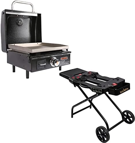 QuliMetal Portable Grill Cart & Griddle Stand and 17 Inch Propane Gas Flat Top Grill with Hood, 15,000 BTUs 268 sq. in. Camping Grill with Carry Bag