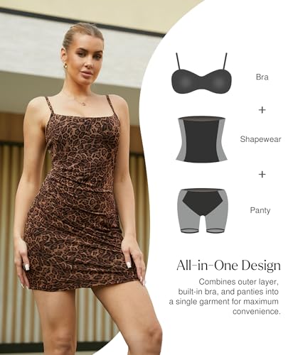 Image of Popilush Dress with Built in Shapewear Spaghetti Strap Mini Dresses Mesh Ruched Bodycon Summer Splash