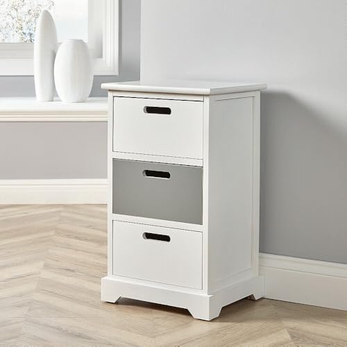 Home Source Chest Bedside Table, Wooden Home Storage Organiser, White and Grey, 3 Drawer