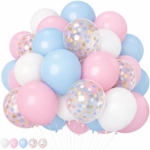 Image of HILAVO Pink and Blue Balloons 12 Inch Gender Reveal Latex Party Balloons | Pastel Light Baby Blue Pink White Balloon Confetti Balloons for Boy or Girl Birthday Bridal Baby Shower Party Decorations