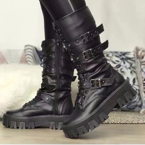 Women Motorcycle Biker Boots punk Combat Boots Chunky Mid Calf Goth Boots - 1