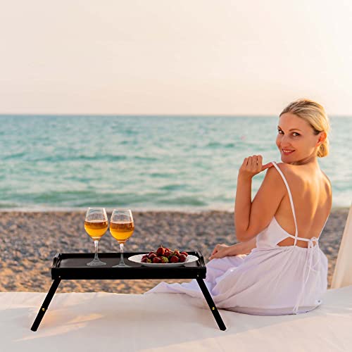 Mayyol Large Breakfast Bed Tray For Eating - Height Adjustable Raised Food Table - Bamboo Serving Tray On Lap Sofa - Portable Snack Platter With Folding Legs Ideal For Bedroom Picnic - Black #TOP6