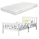 Cama de madera pino - Reposacabezas alto para mayor comodidad - Fácil de montar - Capacidad de carga: Máx. 150 kg - Colchón de espuma fría está hecho en UE - Textil de confianza - certificado Oeko-Tex 100 - Espesor de funda: 1,5cm, acolchada - Adecuado para personas alérgicas