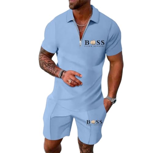 Men's Tracksuit Polo Shirt & Shorts 2 Pieces Boss Flexx Apparel Men's 2-Piece Activewear Short Sleeve Polo Shirt and Shorts Set Casual Sportswear Zip-Up Top with Pocketed Pants (Light Blue, M)