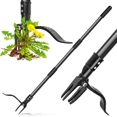 SHAWTY 4-Claw Steel Weed Puller Tool, Heavy Duty Stand Up Weeder with Long Handle 46