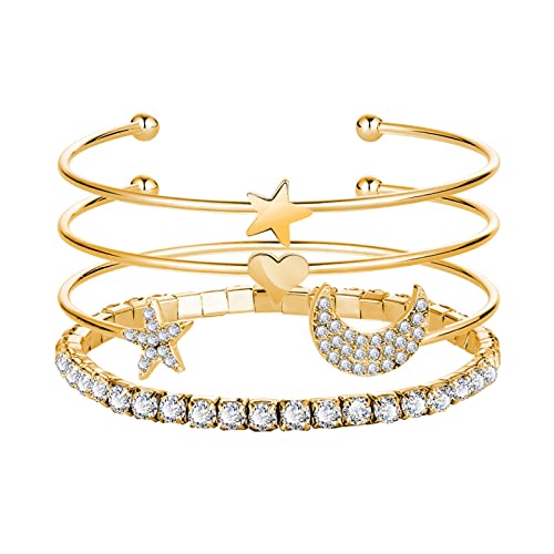 Un ensemble Fashion Diamond Star Moon Bracelet Open Parure de bijoux à breloques pour femme, fille, femme, bracelet de yoga, or, taille unique