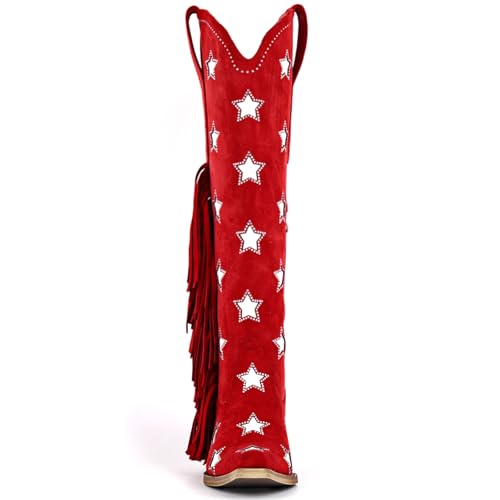 Yolkomo Women's Knee High Cowboy Boots with Fringe Western Cowgirl Boots with Rhinestones Stars3