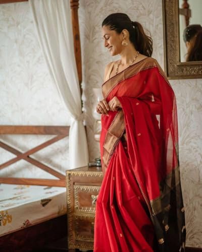 Flosive Women's Woven Cotton Silk Saree With Unstitched Blouse Piece (Red)