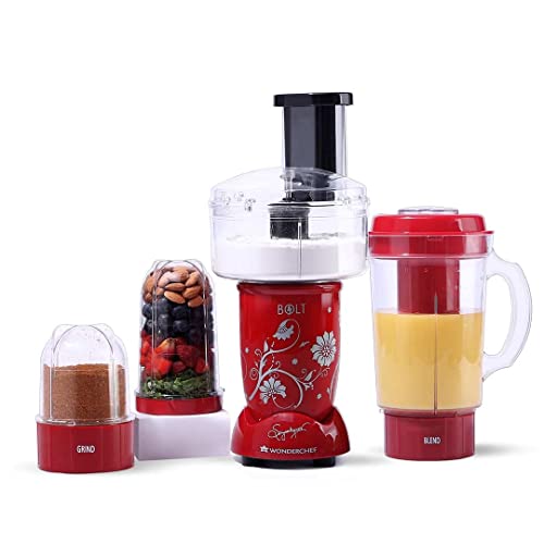 Wonderchef Nutri-blend BOLT Food Processor & Atta Kneader | 600W Powerful 100% Full Copper Motor | 22000 RPM Mixer grinder, Blender & Chopper | SS Blades | 4 unbreakable jars with Sipper lid | 2 Years warranty | Recipe book by Chef Sanjeev Kapoor | Red