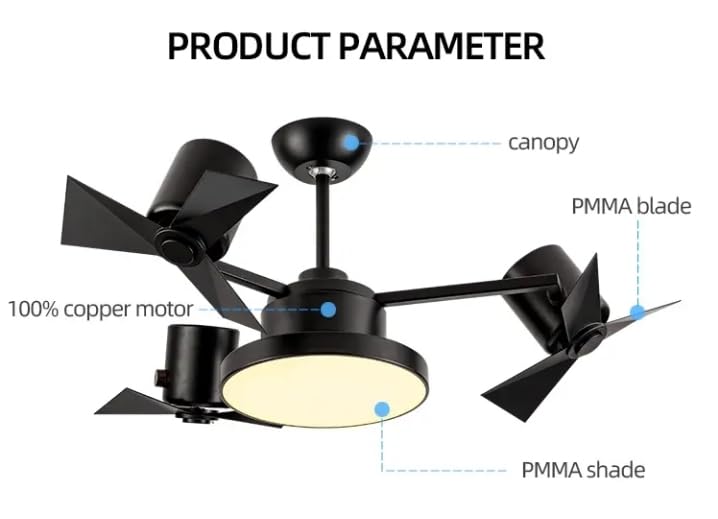 Image of Glowave Modern Black Finish Industrial Multi Head 3 Blade Ceiling Fan with LED Light & Remote Control Silent High-Speed Motor Fan for Kitchen, Cafes, Hotels, Dining, Bar - Tricolor (FI-7820 /BK)