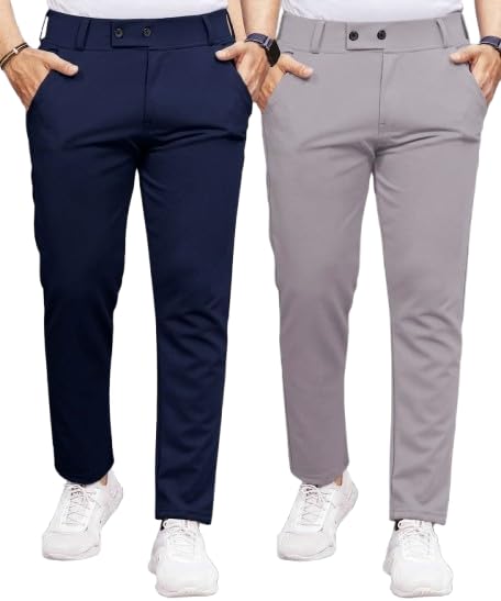 Image of Men's Slim Fit Lycra Formal Trousers Combo | Stretchable Smart Casual Pants for Office Wear | Mid-Rise Flat Front Stylish Chinos