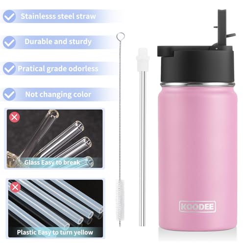 Image of koodee 12 oz Stainless Steel Water Bottle-Double Wall Vacuum Insulated Wide Mouth Flask with Straw, Sports Water Bottle for School (Pink)