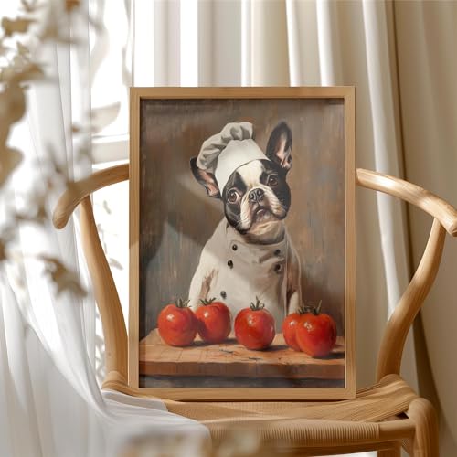 Image of aj decor Boston Terrier Chef Kitchen Wall Art Print Poster, Dog Pet Lover Picture Painting Artwork Bedroom Living Room Office Dining Room 150D (Boston Terrier Chef Kitchen, 11 inch W x 14 inch L, Wood Frame)
