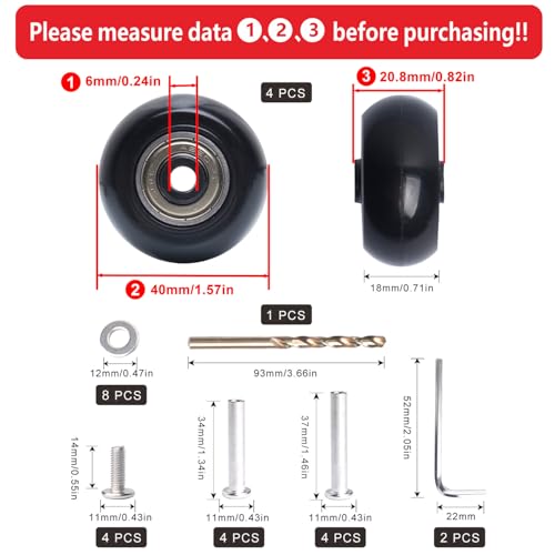 Suitcase Luggage Wheels Replacement Kit 4PC Diameter 1.57in/40mm Width 0.71in/18mm PU Wheels with Precision Ball Bearing for Swivel Caster Repair3