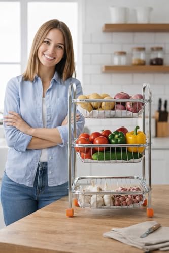 Image of Stainless Steel 3-Tier Kitchen Trolley with Wheels, Vegetable and Fruit Storage Organizer Basket Rack Stand.