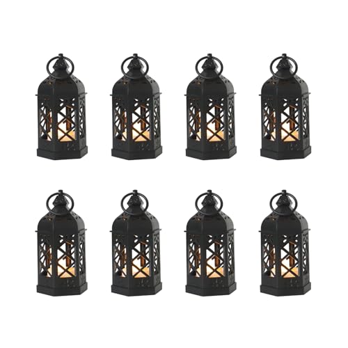 Reperla Paquete de 8 mini linternas con velas LED parpadeantes, faroles colgantes decorativos de estilo marroquí para Halloween, Navidad, boda, farol negro para centro de mesa, decoración del hogar y