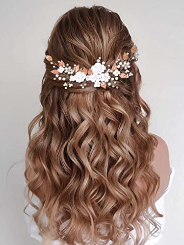 CASDRE Diadema de flores para novia y boda, con perlas, accesorio para el cabello para mujeres y niñas (C oro rosa)