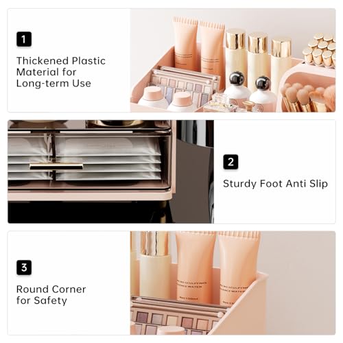 Image of UFORU Makeup Organizer for Vanity with Brush Holder, Large Capacity Bathroom Countertop Skincare Organizer with 2 Drawers, Cosmetic Display Case for Perfumes, Eyeshadow Palettes, Nail Polishes