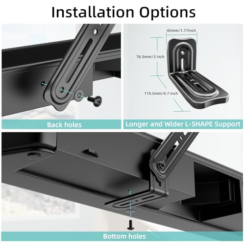 HCMOUNTING Soundbar Mount Bracket, Sound Bar Mounts Under TV or Above TV Fits Most Sound Bars Up to 20 Lbs, Soundbar TV Mount with 180° Adjustable Extension Plates and L-Shaped Hooks