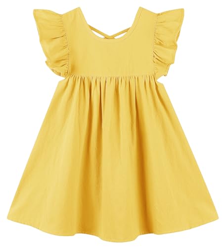 Mejores precios y opiniones de Vestido zara niña Top diez. 37 GSVIBK Vestido de lino de algodón de manga corta para niñas, vestido cruzado en la espalda, vestido de patinador con mangas voladas para bebé, 1-Yellow Flutter Sleeve, 5 Años