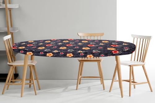 Image of The Furnishing Tree Elastic Oval Dining Table Cover WxL 36x52 in Inches Polyester Floral Pattern Grey