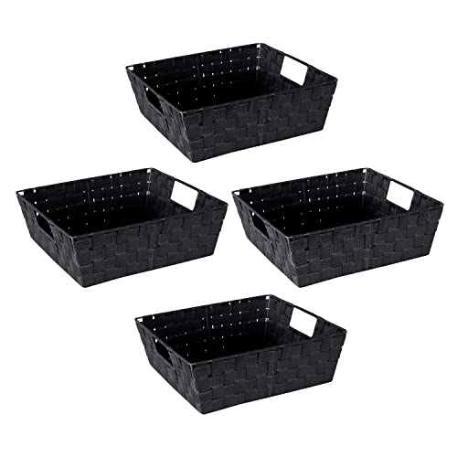 Image of Simplify Large Shelf Woven Strap Tote | Decorative Storage Basket | Built in Handles | Organization | Closet | Bedroom | Bathroom | Nursery | Accessories | Toys | Gifts | 4 Pack | Black